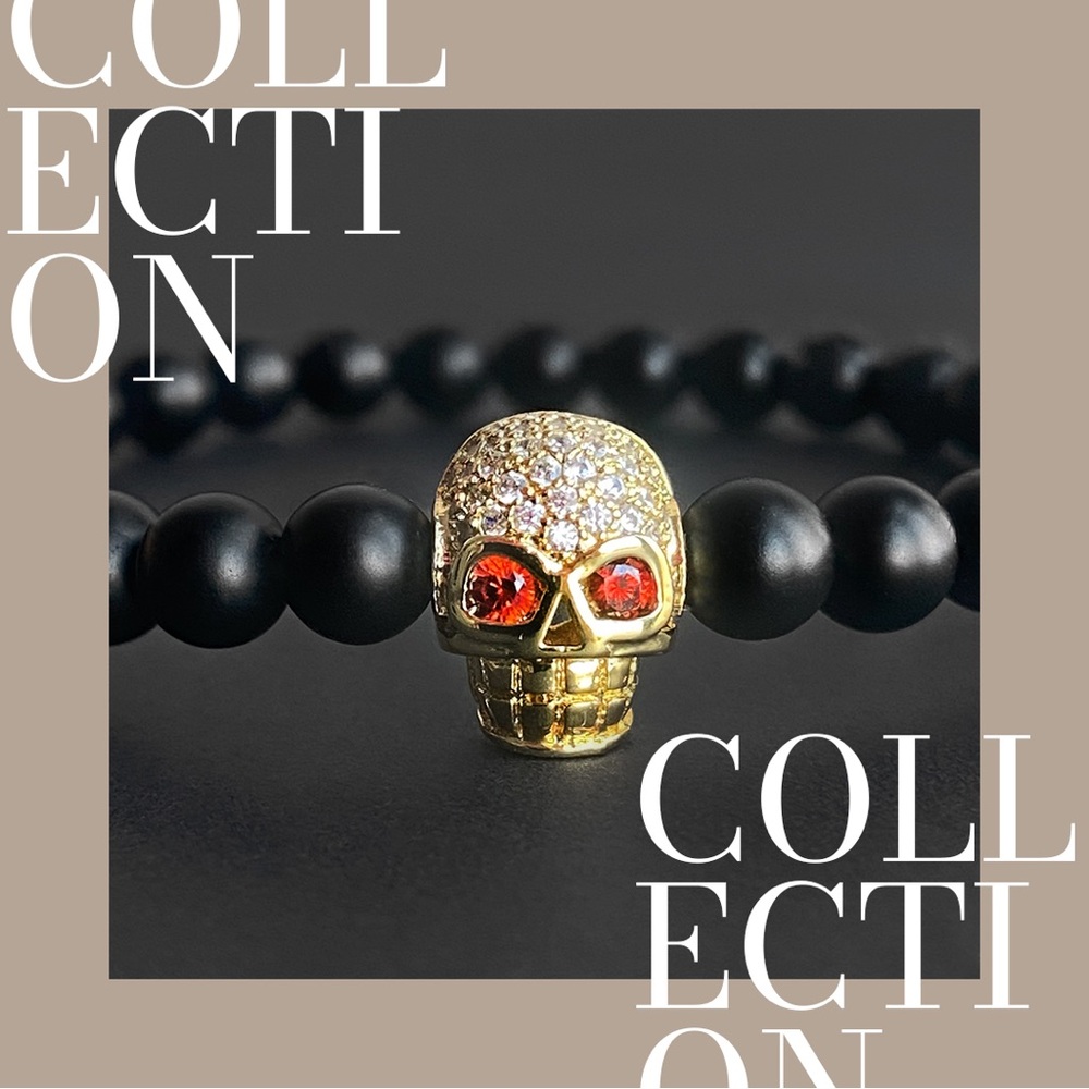Matte Onyx Gemstone With Gold Zircon Skull Charm